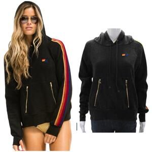 Aviator Nation Rainbow Velvet Stripe Ninja Hoodie Sz XS w/ Thumb Holes | RARE!!